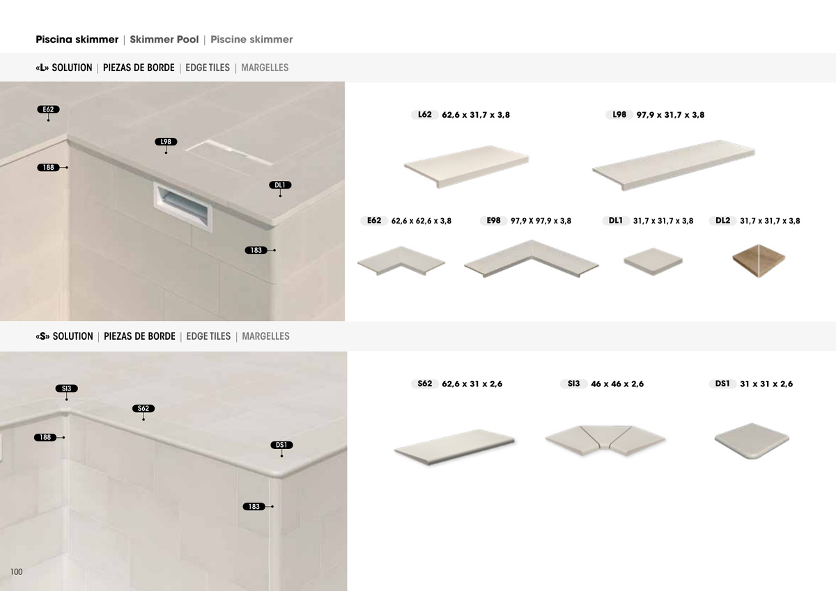 Schemat ceramicznego obrzeża L i S basenu skimmerowego Rosa Gres